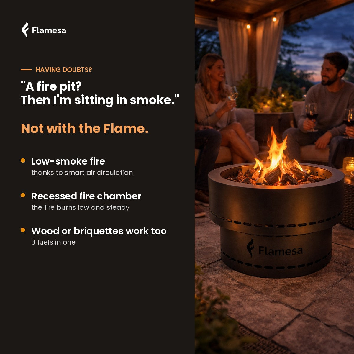 Flamesa Flame: lit fire basket on a patio in the evening