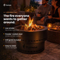 Flamesa Flame: lit fire basket on a patio in the evening