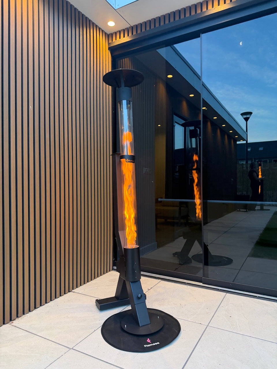 Flamesa Flare outdoor pellet heater on terrace